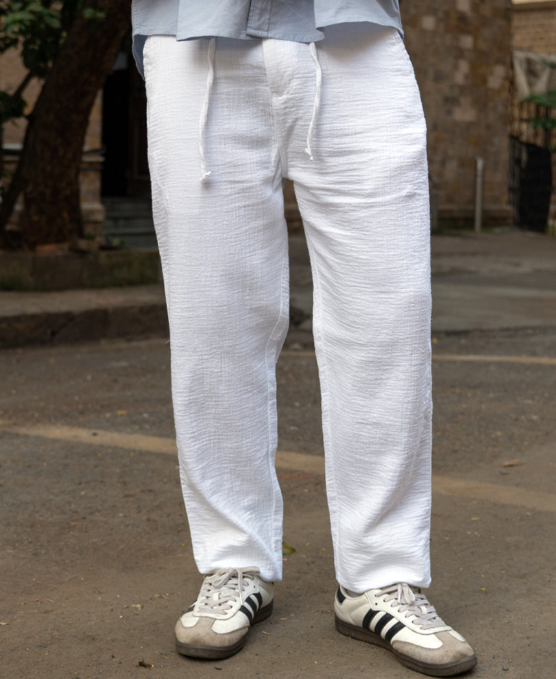 White Regular Fit Crinkled Trouser.