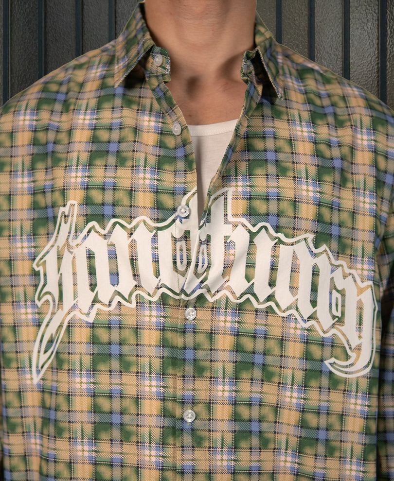 Green Printed Washed Checks Shirt 100% Cotton