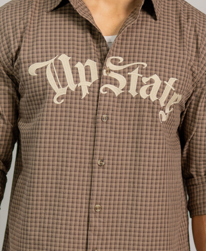 Light Brown Embroidered Checks Shirt 100% Cotton