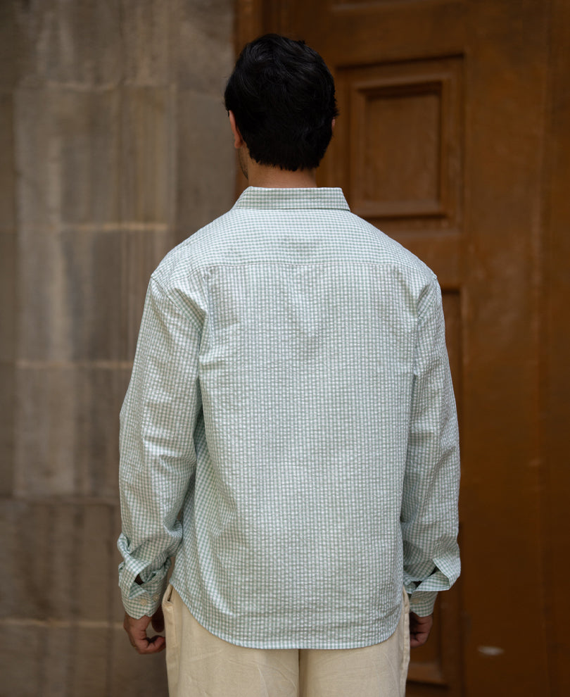 Green Embroidered Seersucker Check Shirt 100% Cotton