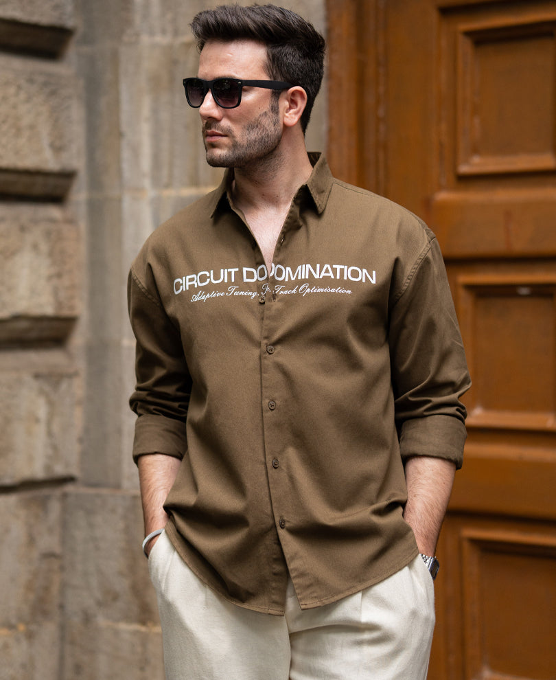 Brown Printed Structured Overshirt 100% Cotton