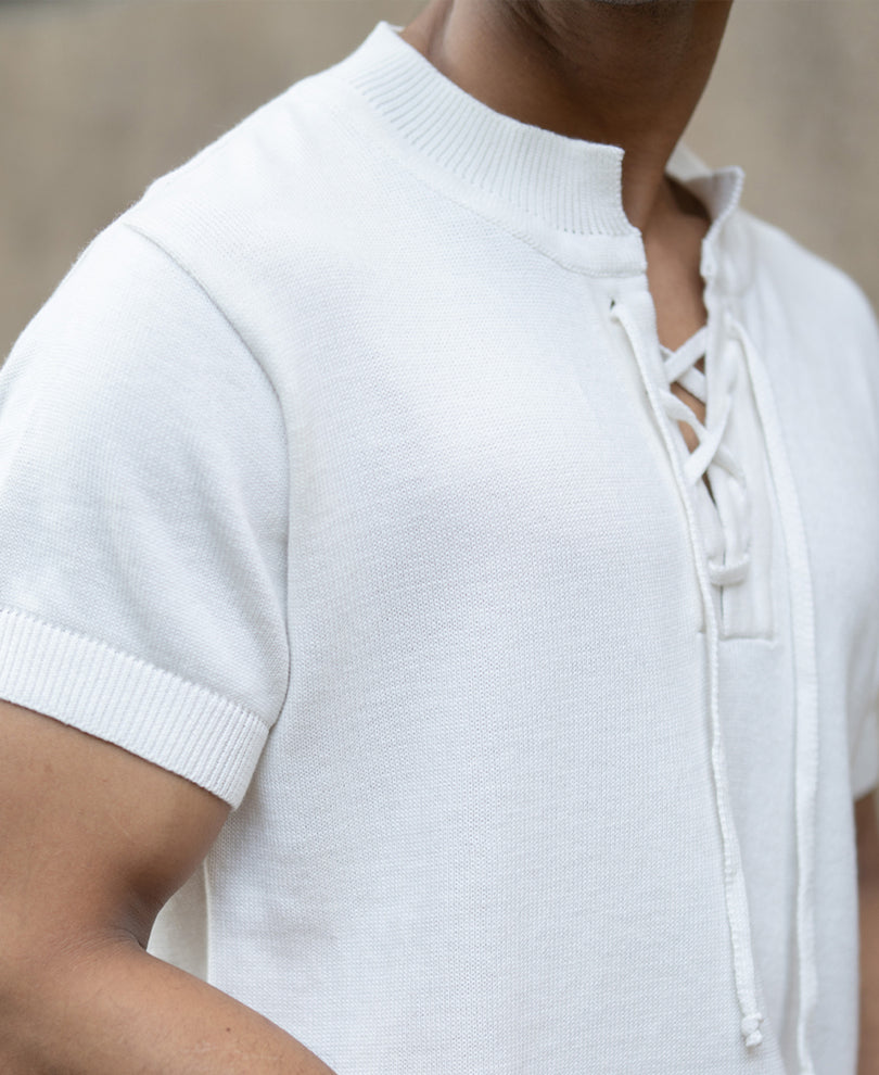 White Knitted Regular Fit Henley T-Shirt.