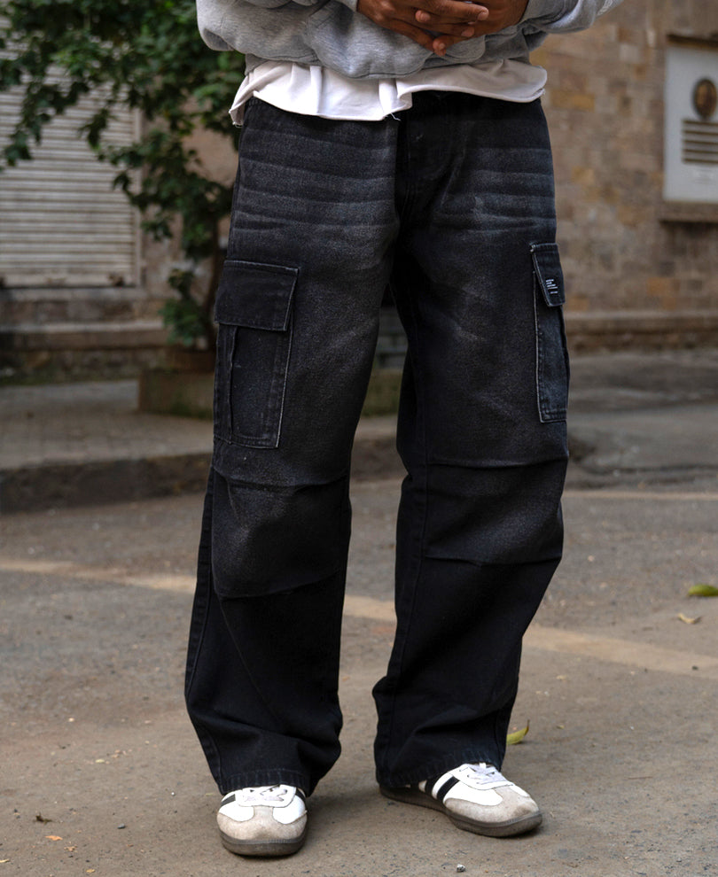 Black Washed Cargo Jeans.