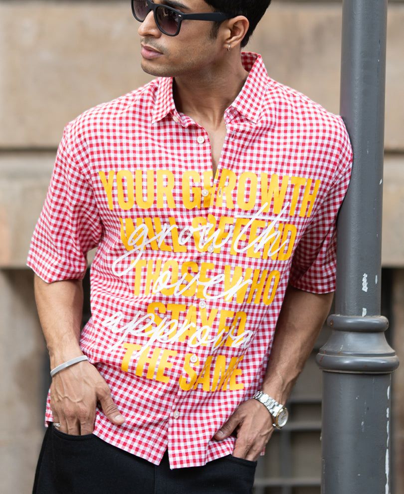 Red Micro Checks Printed Boxy Shirt.