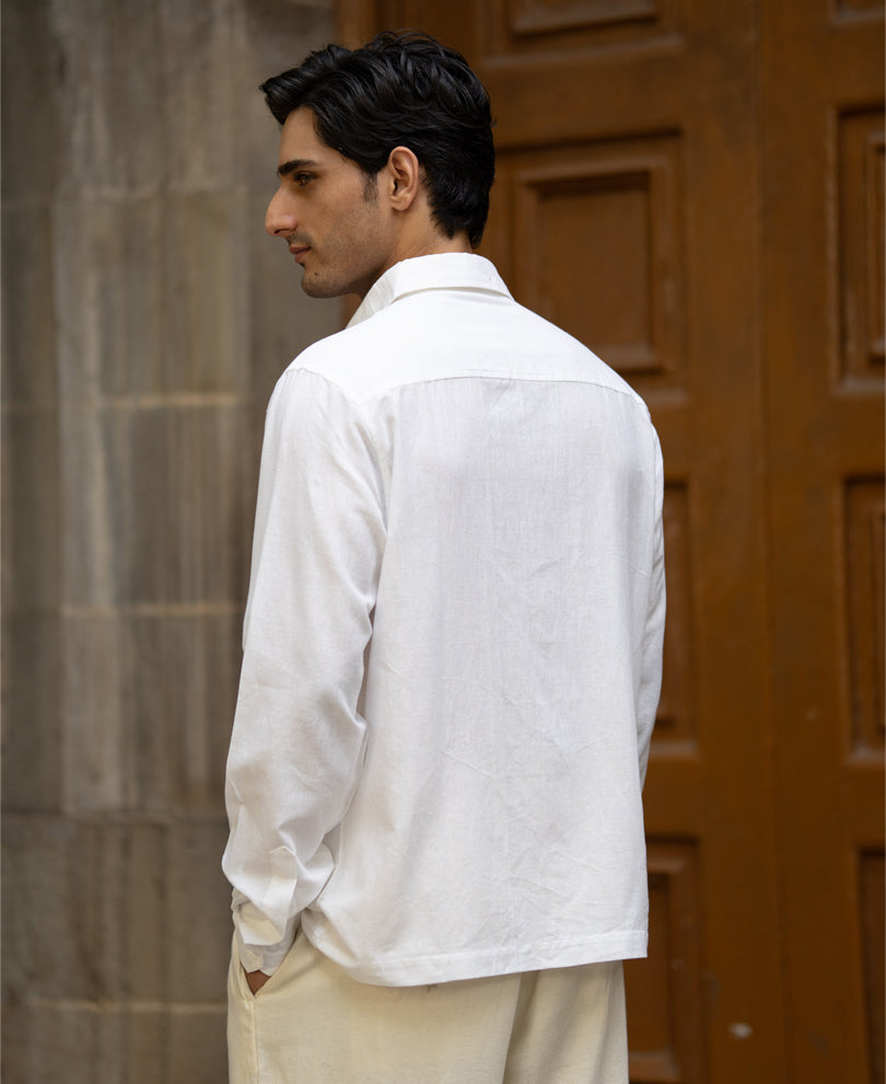 White Linen Blend Embroidery Shirt