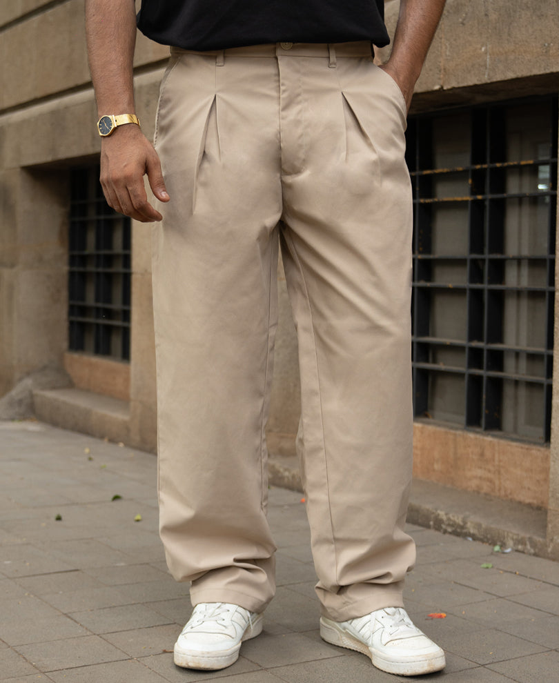Beige Pleated Baggy Trousers
