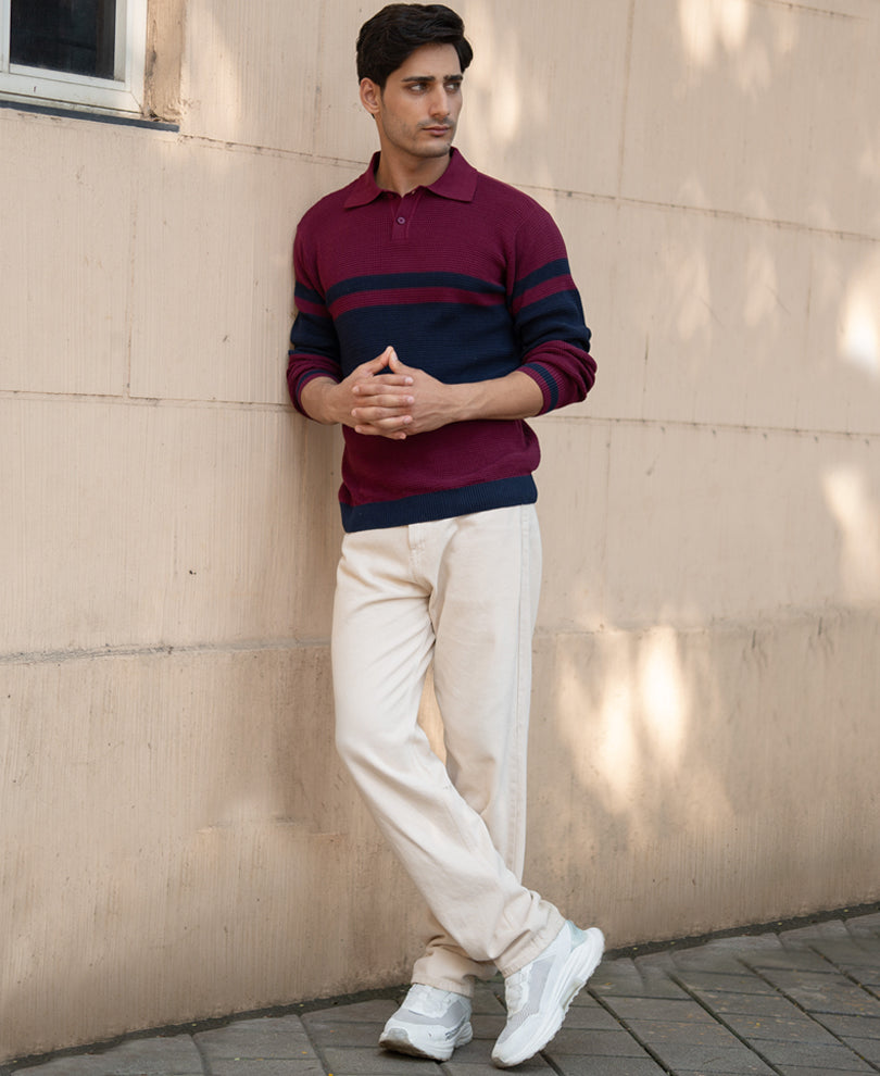 Wine Stripe Knit T-Shirt.