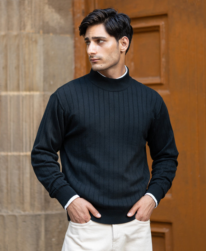 Black Structure Stripe High Neck T-Shirt.