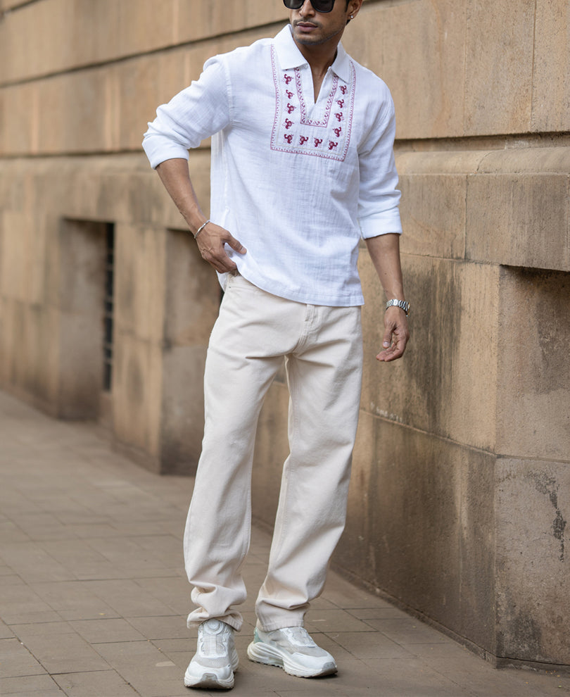 White Embroidered Kurta Shirt.