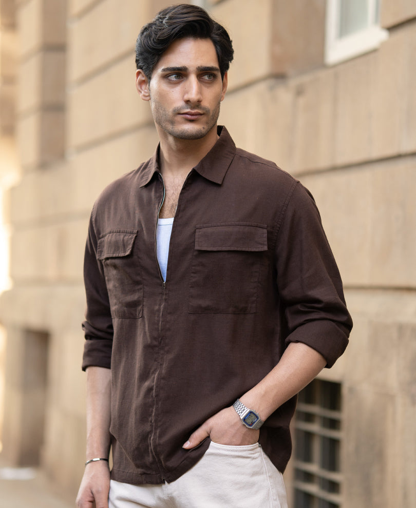 Coffee Brown Linen Blend Zipper Shirt.