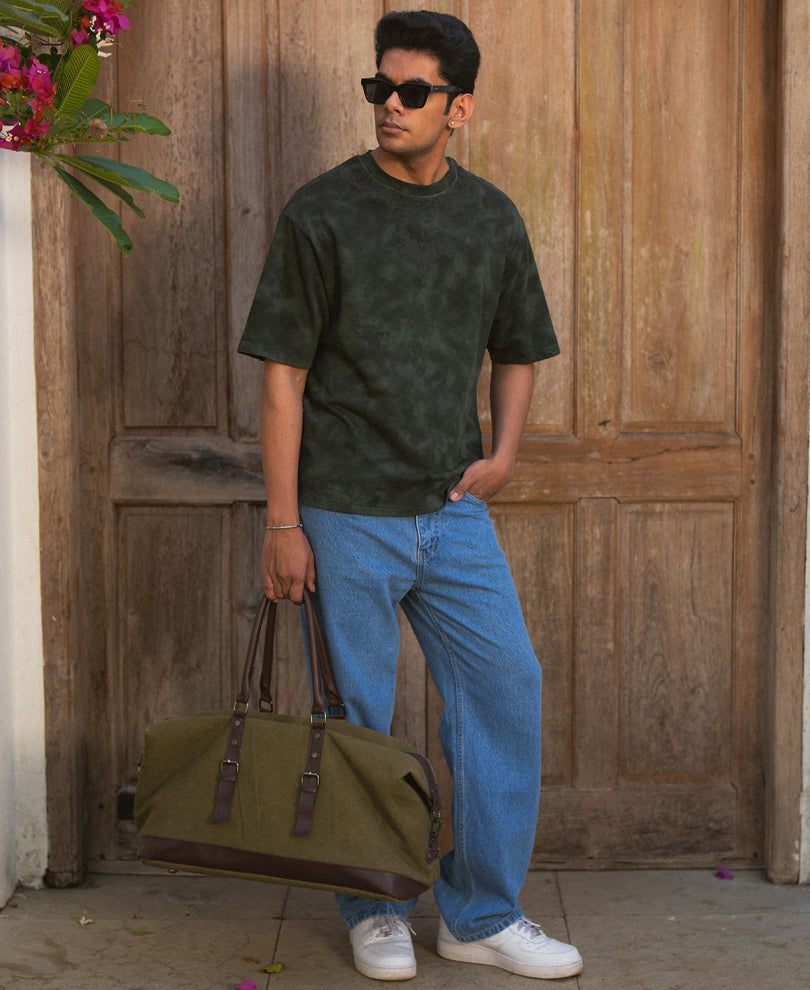 Dark Olive Washed Embroidered T-Shirt 100% Cotton