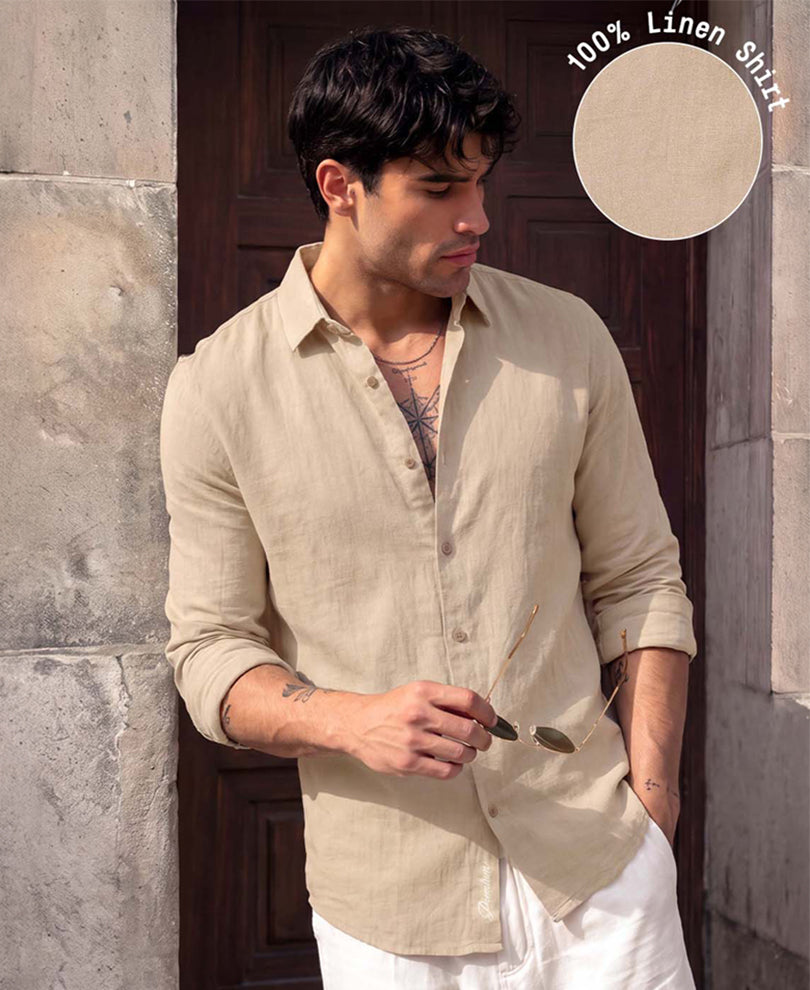 Beige 100% Linen Premium Regular Fit Shirt