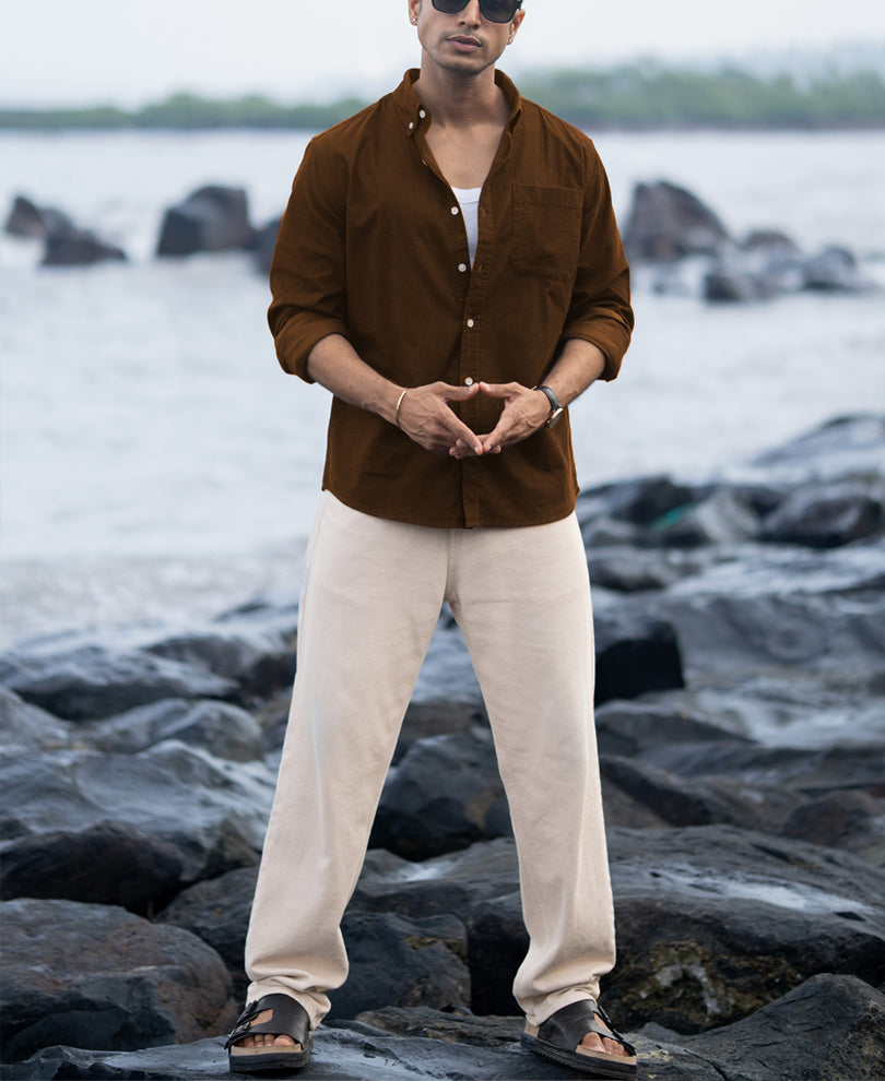 Tan Brown Corduroy Buttondown Shirt.