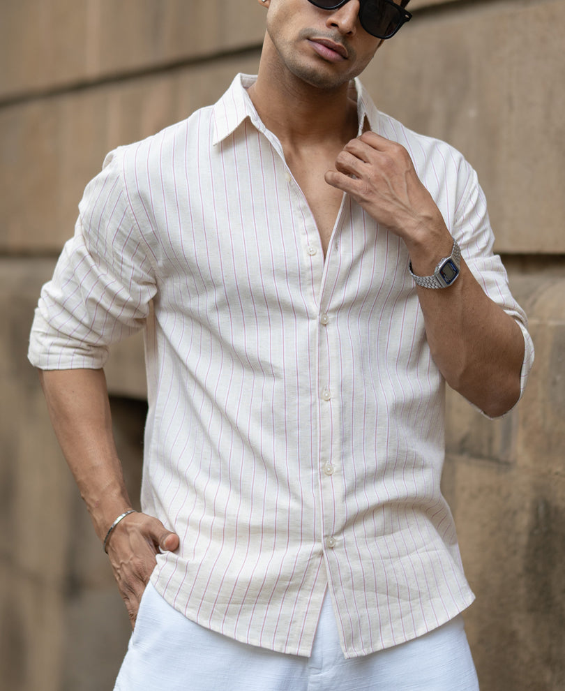 Peach & Beige Linen Stripe Shirt.
