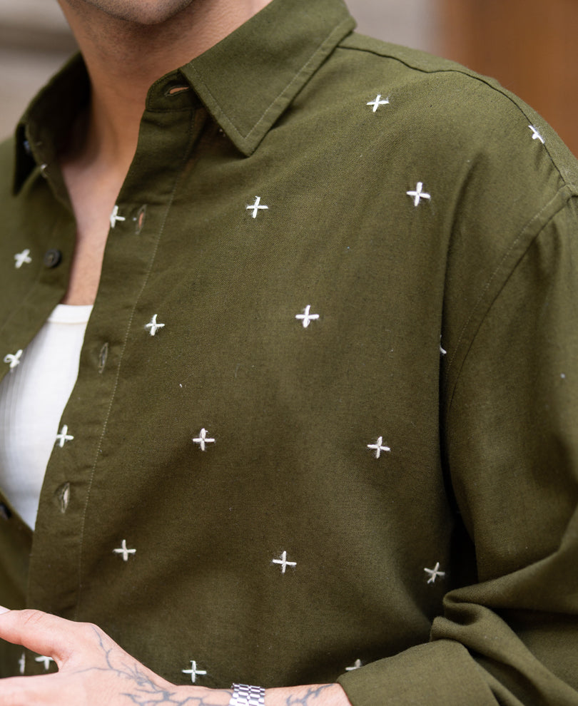 Olive Embroidered Lightweight Shirt