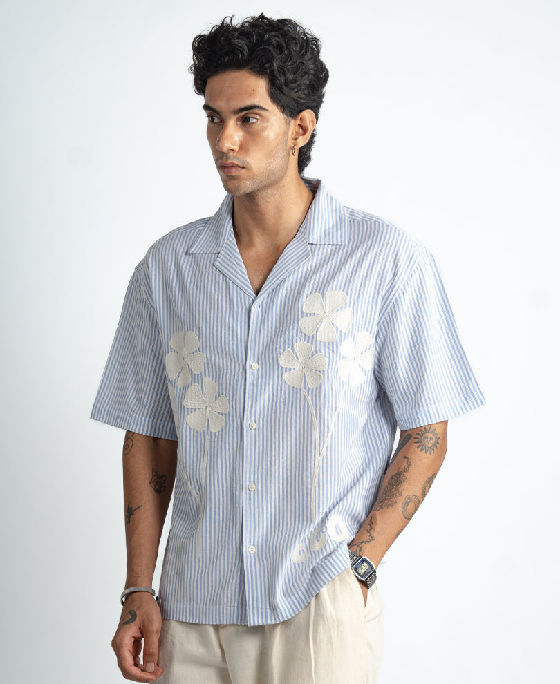 Blue Floral Embroidery Stripe Shirt 100% Cotton