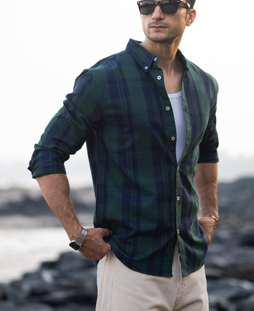Navy Green Structured Checks Shirt.