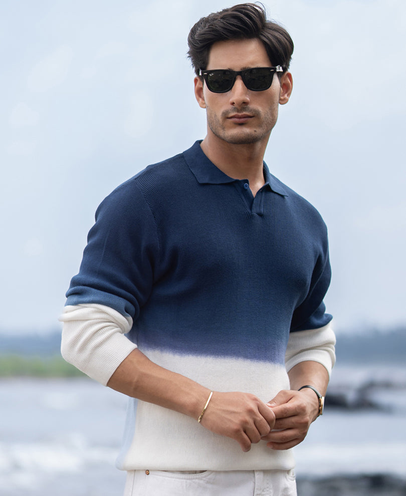 Dark Blue Knitted Ombre T-Shirt.