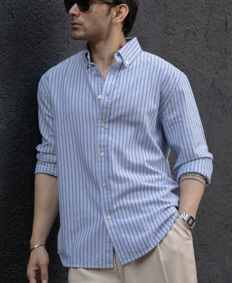 Blue Oxford Stripe Buttondown Shirt.