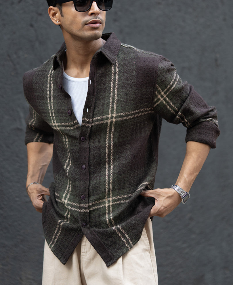 Dark Olive Structured Checks Shirt.