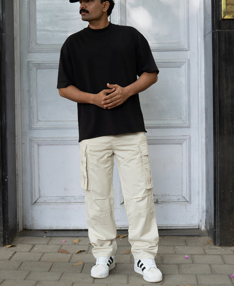 Beige Overdyed Cotton Cargo Pants.