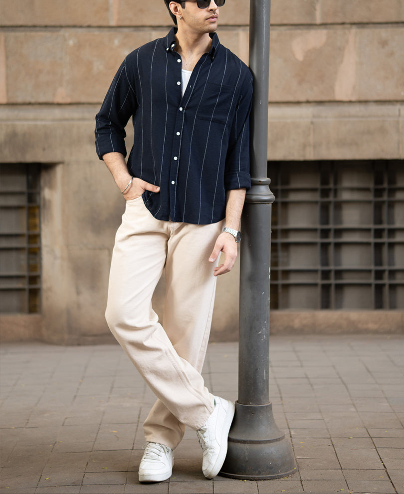 Navy Lightweight Linen Striped Shirt.