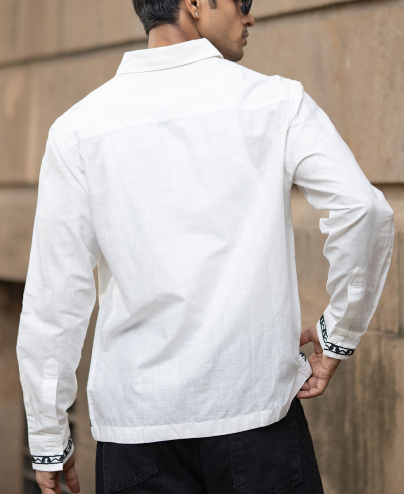 White Cotton Slub Embroidered Shirt.