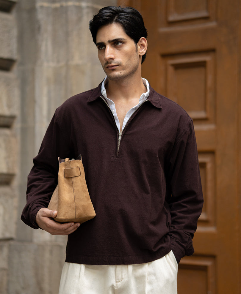 Dark Brown Washed Zipper Shirt 100% Cotton