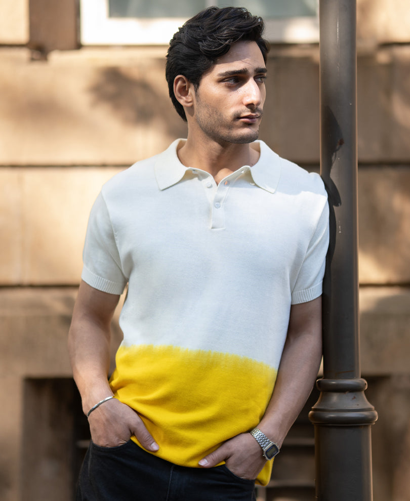 Yellow Ombre Knit Polo T-Shirt.