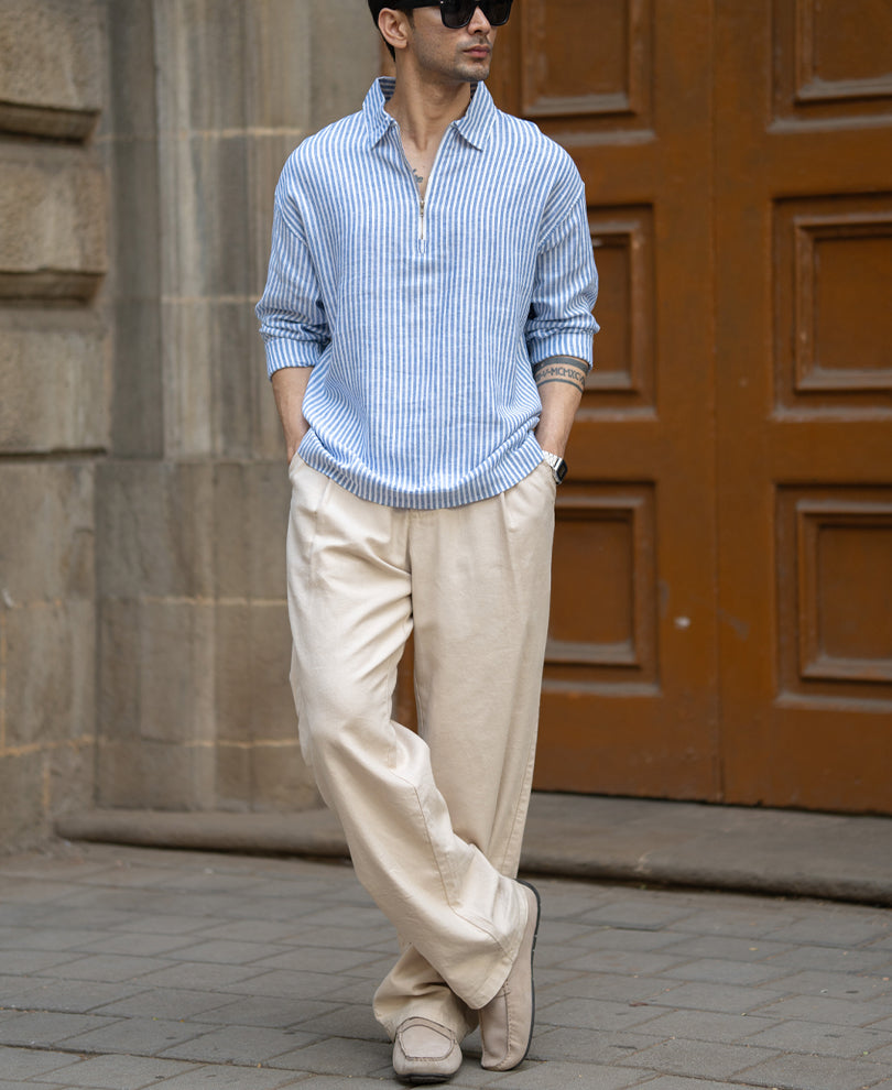 Blue Stripe Zipper Kurta Shirt.