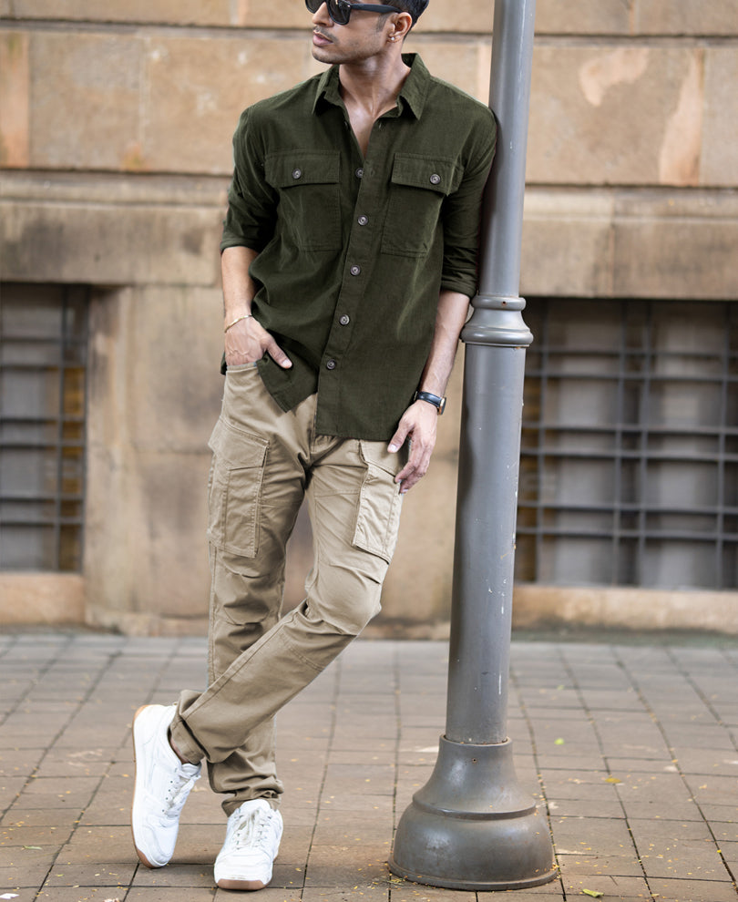 Olive Corduroy Shirt With Pockets.