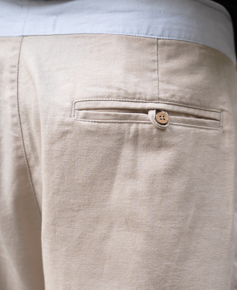 Beige Contrast Belt Linen Trouser