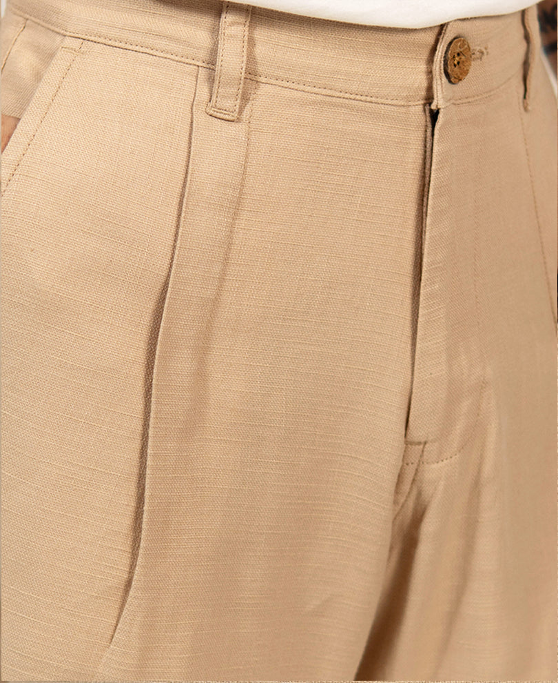 Beige Pleated Cotton Baggy Trousers