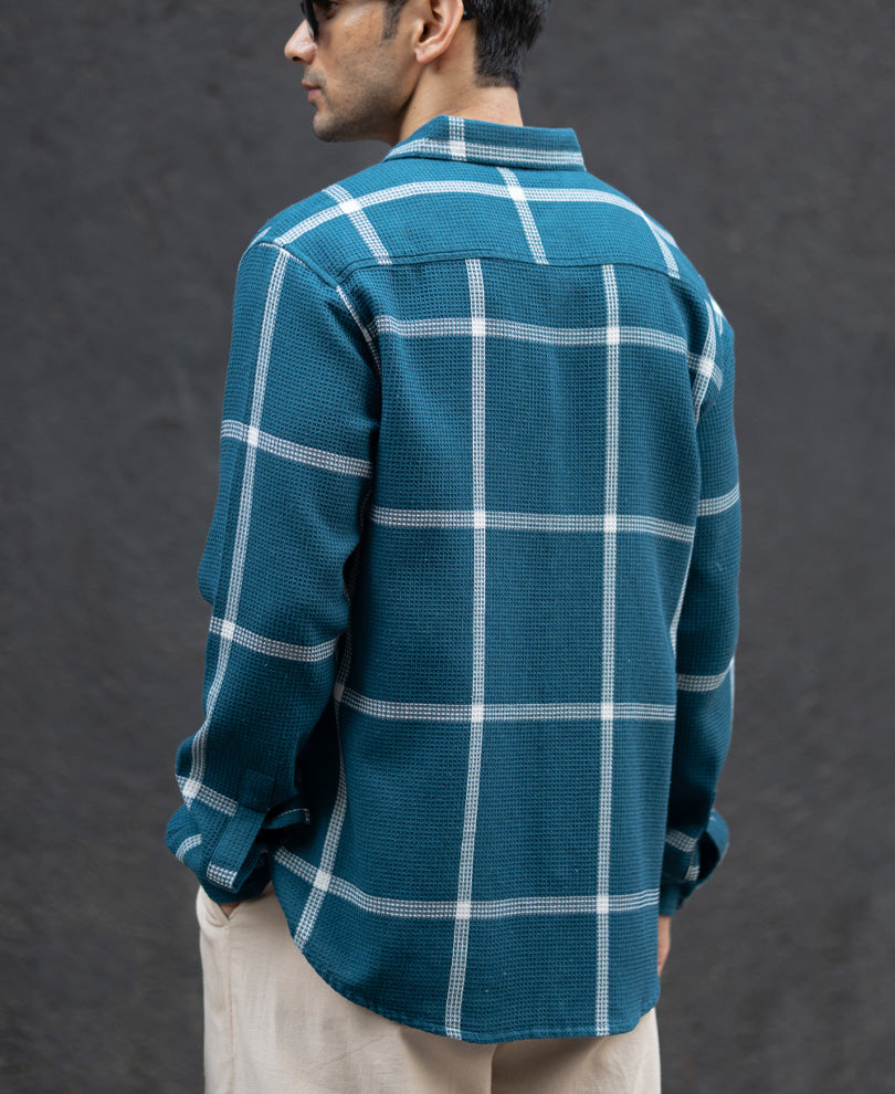 Teal Structured Checked Shirt.