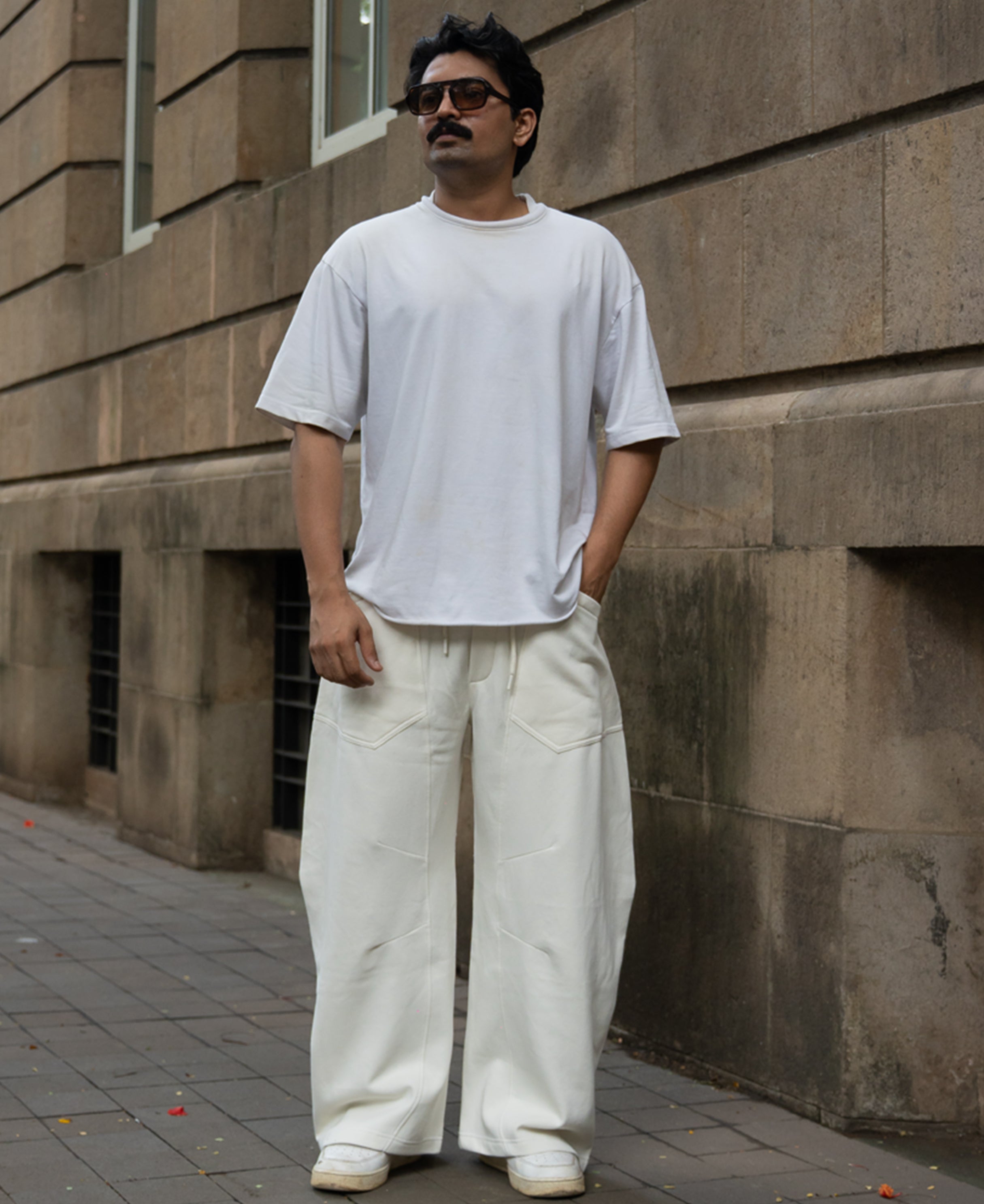 Cream Panelled Barrel Fit Trackpants