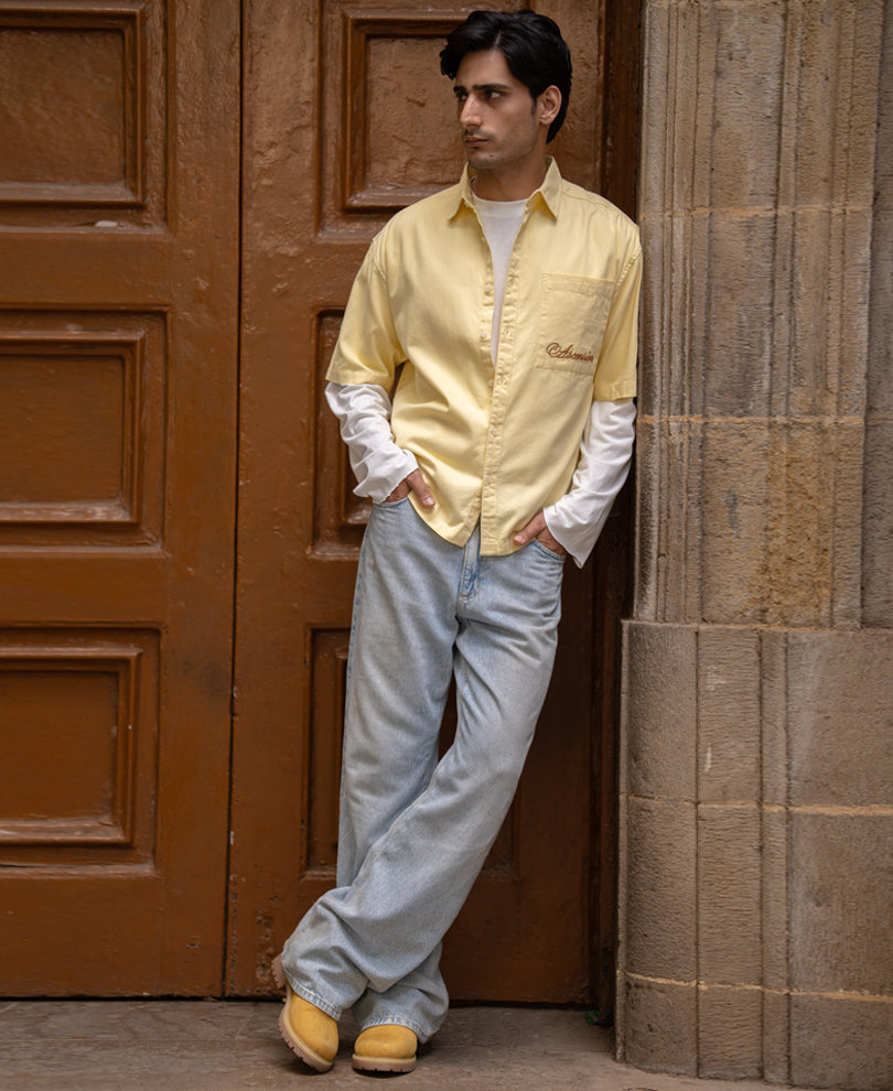 Butter Yellow Embroidered Boxy Shirt 100% Cotton