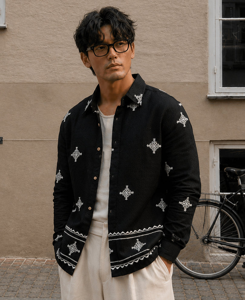 Black Embroidered Shirt 100% Cotton