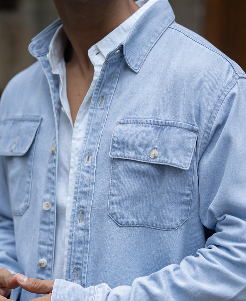 Blue Washed Denim Double Pocket Shirt.