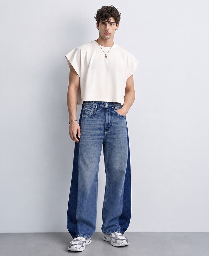 Dark Blue Paneled Baggy Jeans
