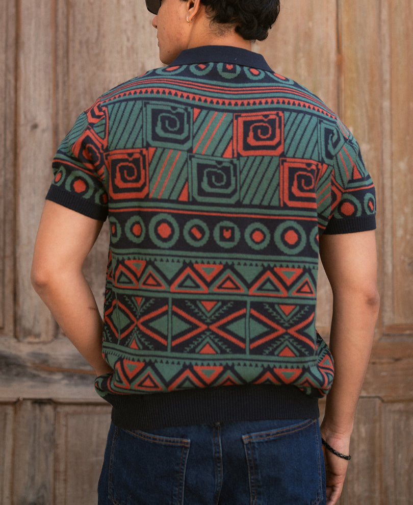 Multicolor Geometric Jacquard Knit T-Shirt 100% Cotton