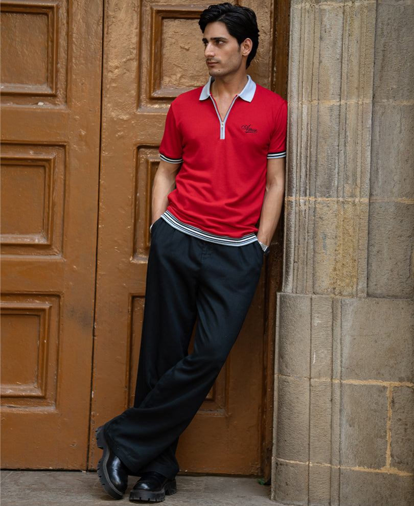 Red Structure Knit Polo T-Shirt