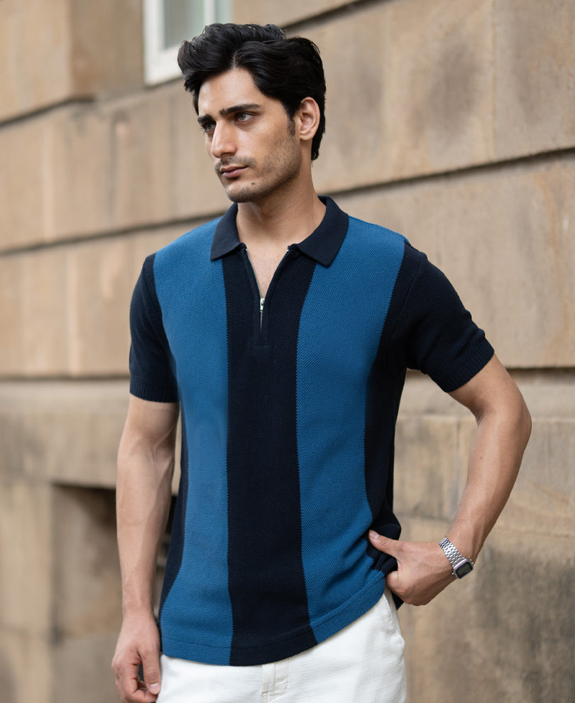 Dark Blue Stripe Knit T-Shirt.