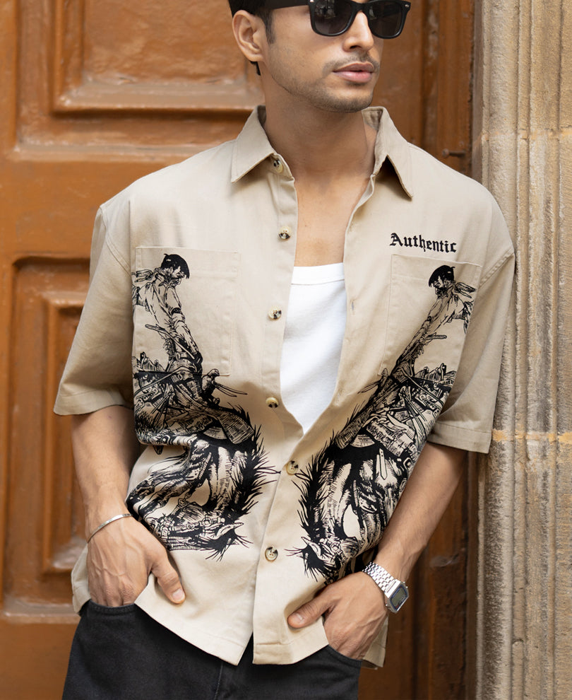 Beige Cowboy Print Boxy Shirt.