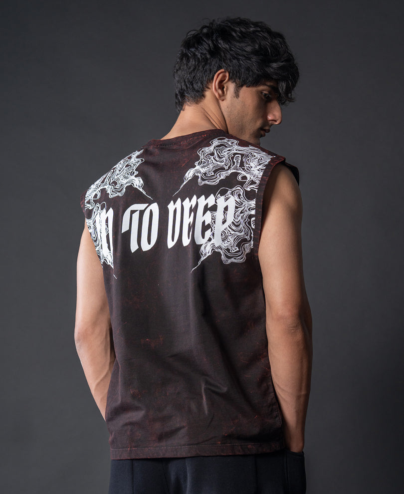 Washed Brown Printed Drop Shoulder Sando.
