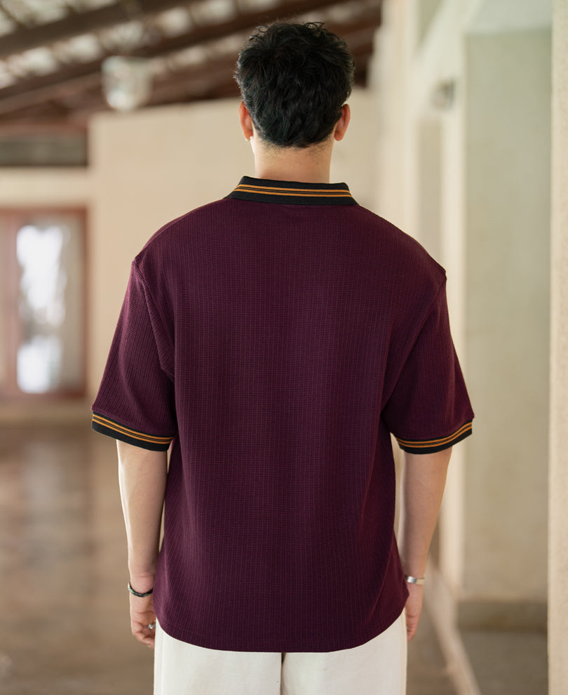 Wine Embroidered Structure Knit T-Shirt