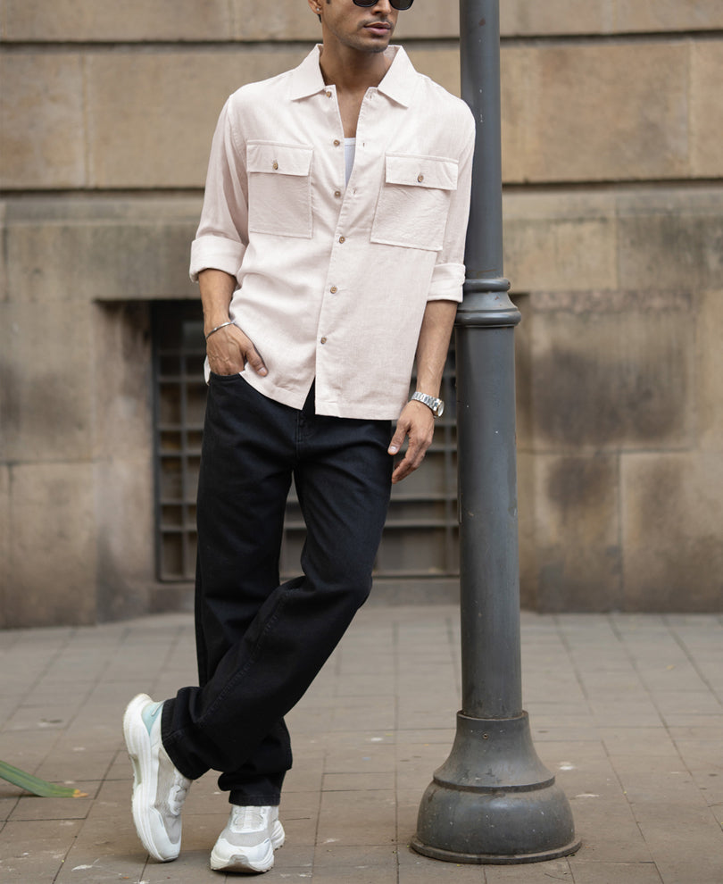 Cream Linen Double Pocket Shirt.