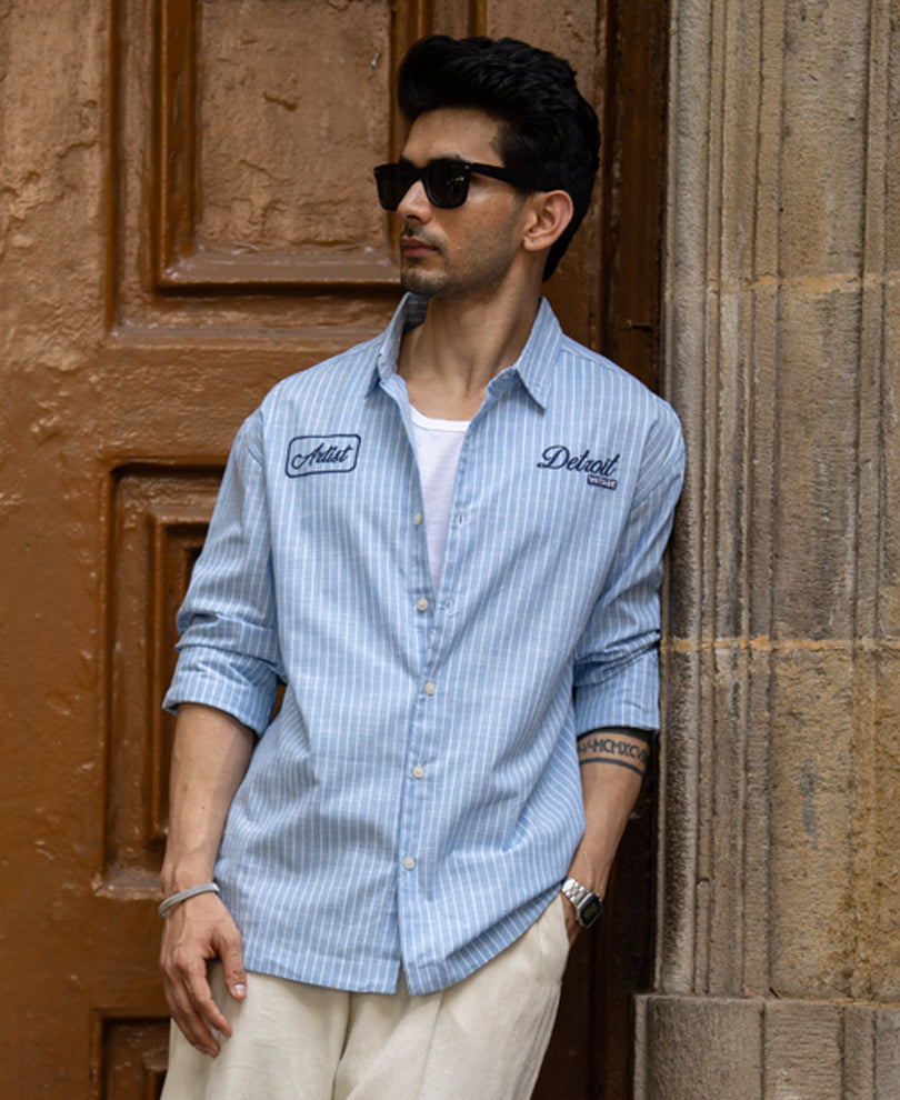 Blue Embroidered Stripe Shirt 100% Cotton