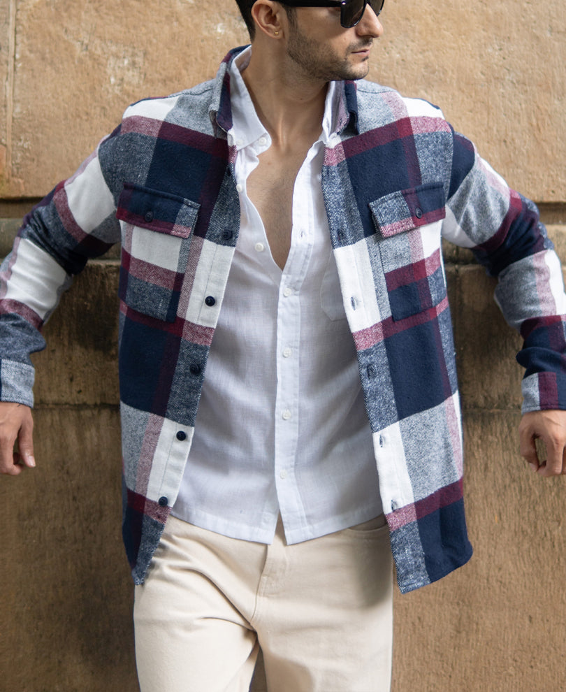 Navy And Wine Flannel Checks Shirt.