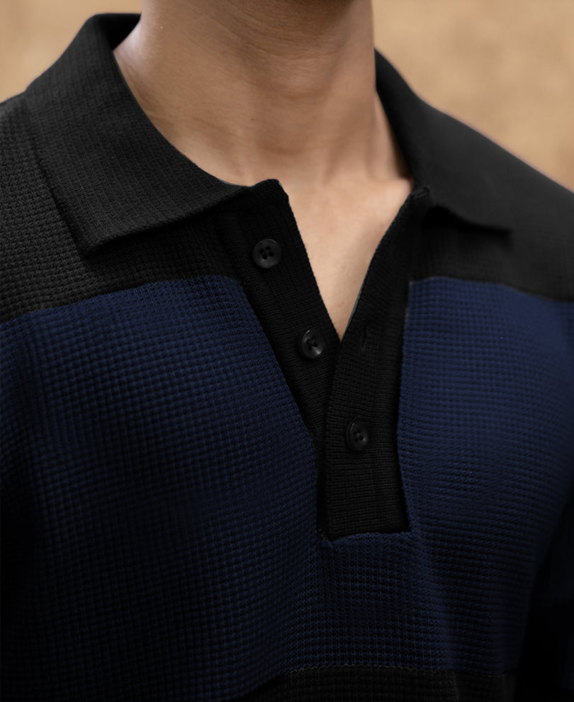 Blue Structured Knit Striped T-Shirt.