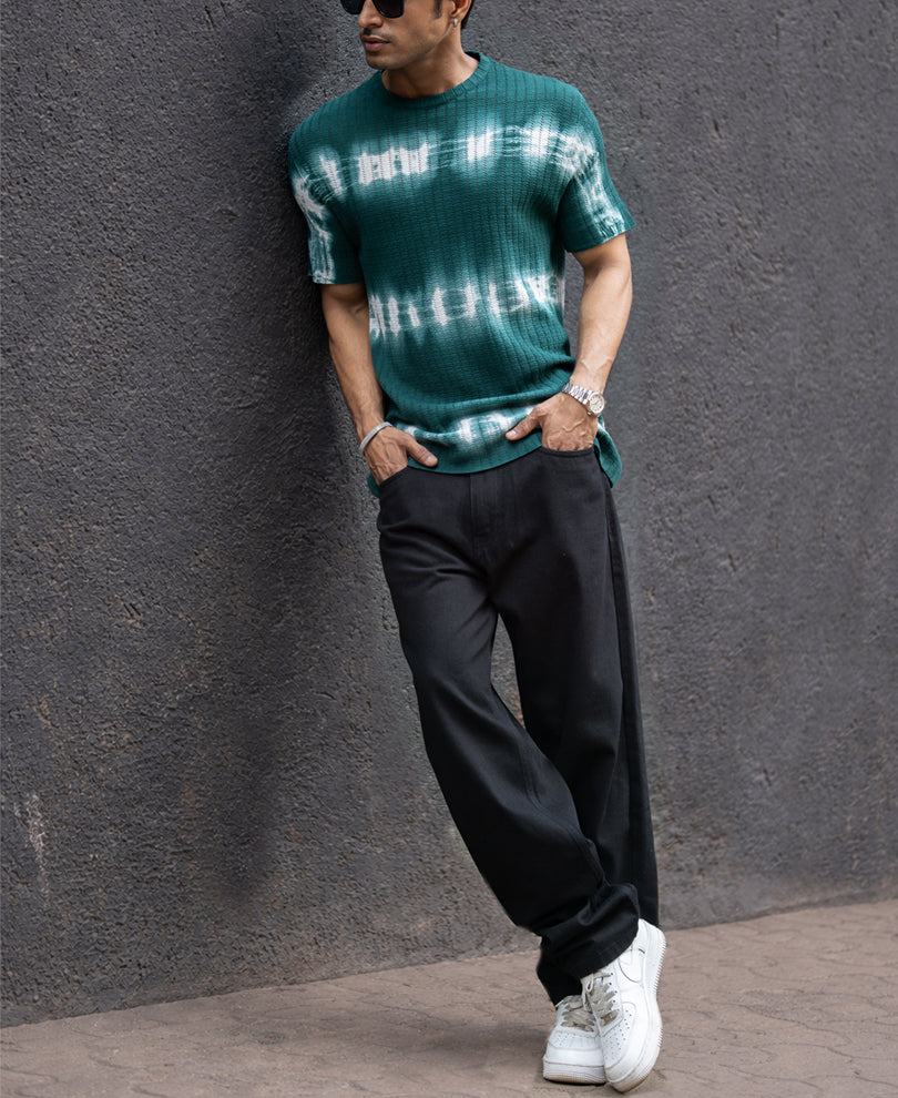 Dark Green Tie Dye Knit T-Shirt.